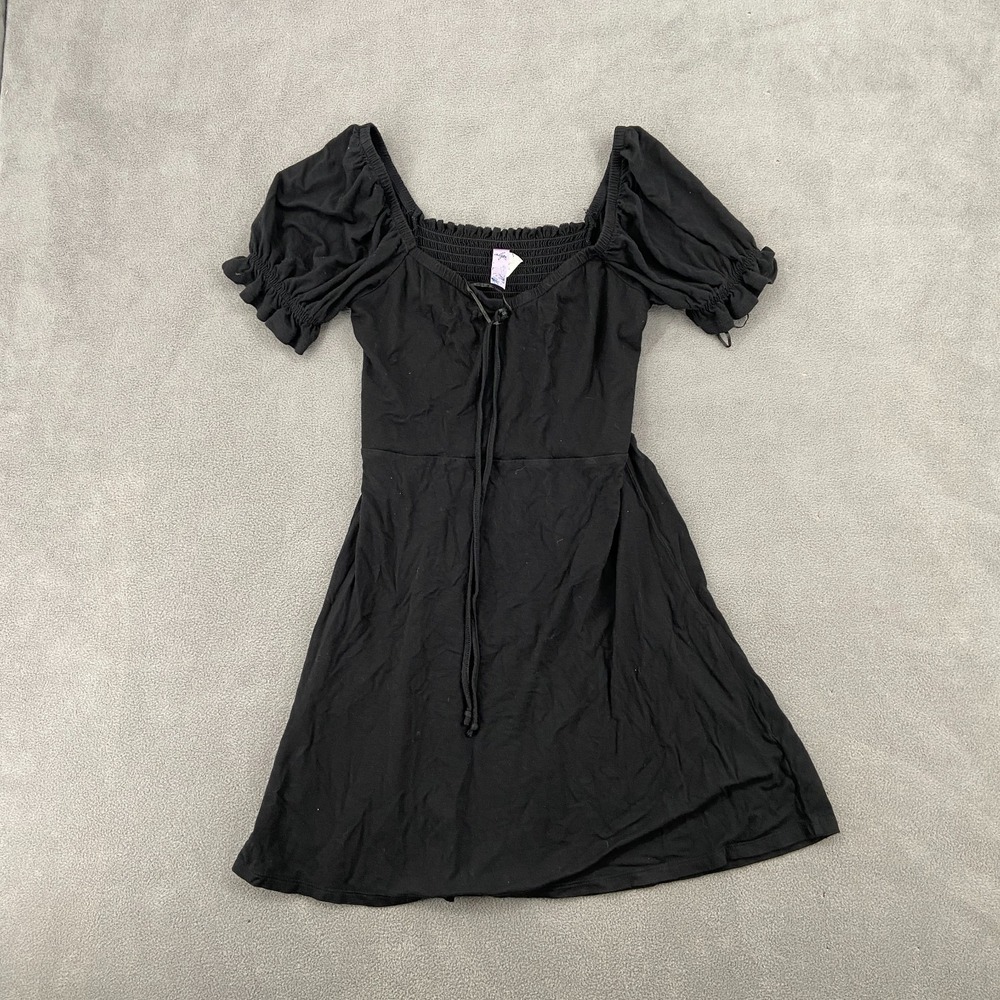 Alya Fit & Flare Dress Womens Small Black Smocked Puff Sleeve Sweetheart Neck